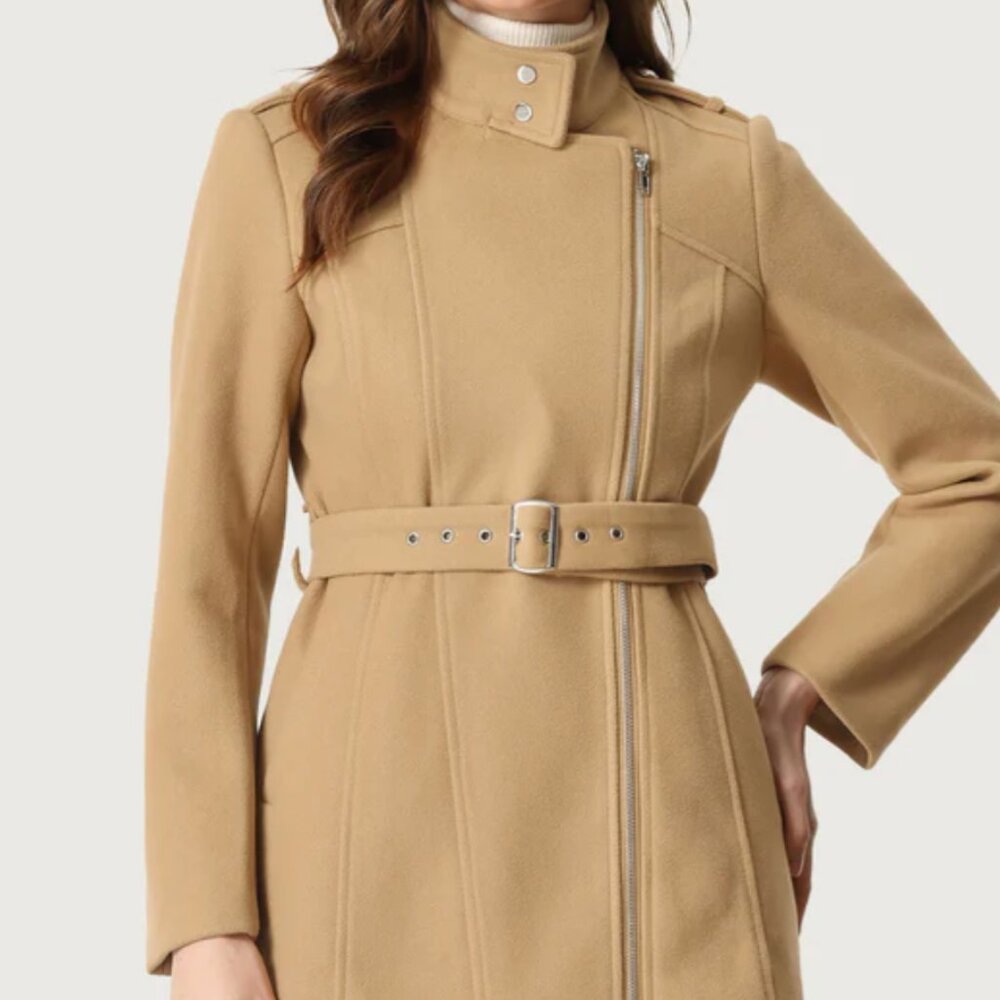 Classic Stand Collar Zip Up Belt Winter Trench Coat